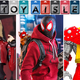 Harley Quinn from The Suicide Squad, Miles Morales from his Spider-Man video game, and X-Men Age of Apoclypse's Colossus, in toy form.
